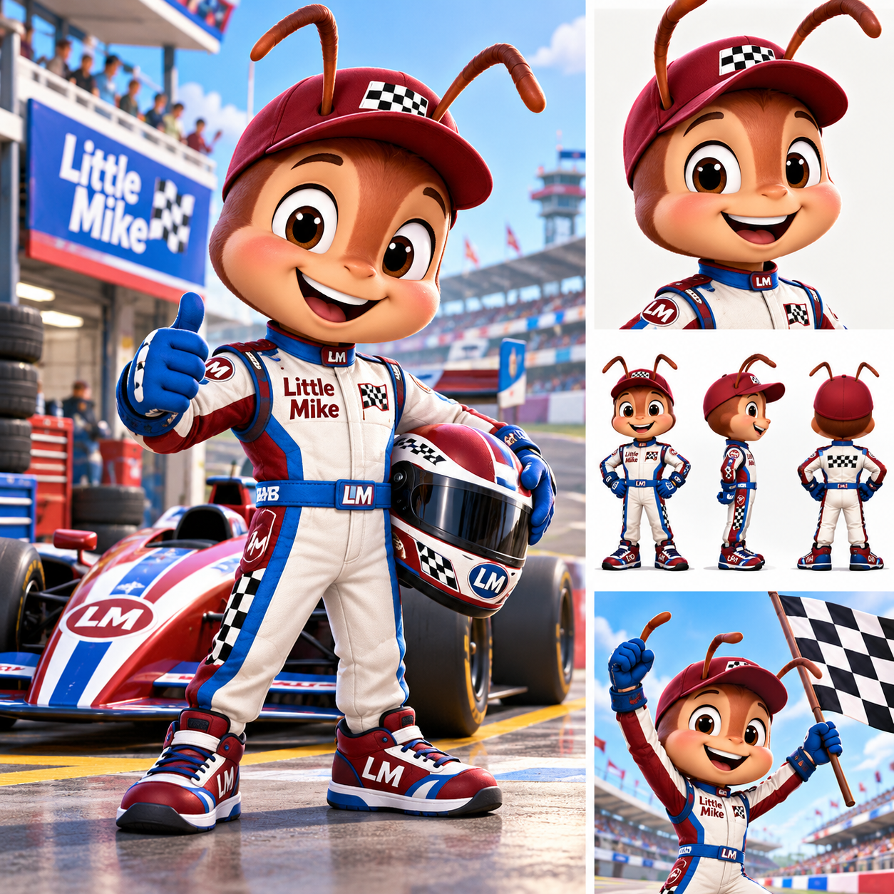 Little Mike in a checkered racing suit beside a Formula-style race car, with a victory flag view