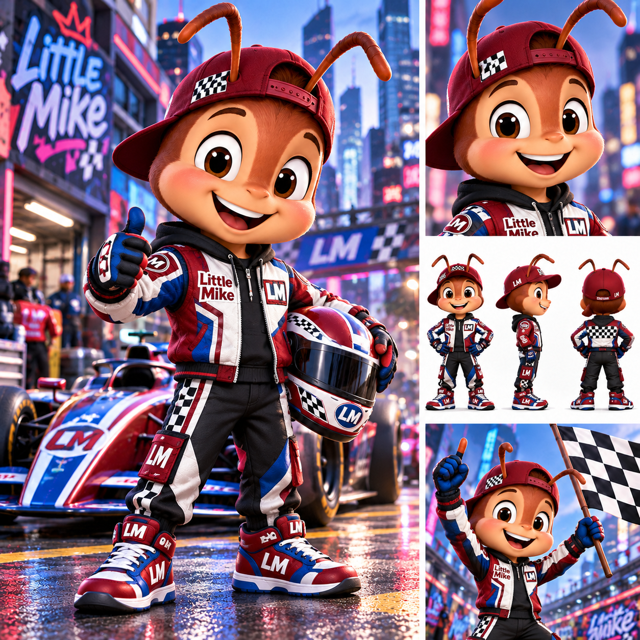 Little Mike in a neon night racing scene with a Formula-style car and checkered flag