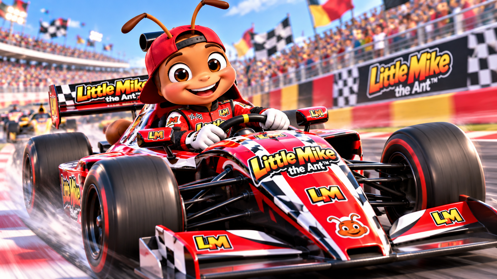 Little Mike driving a red Formula-style race car at speed