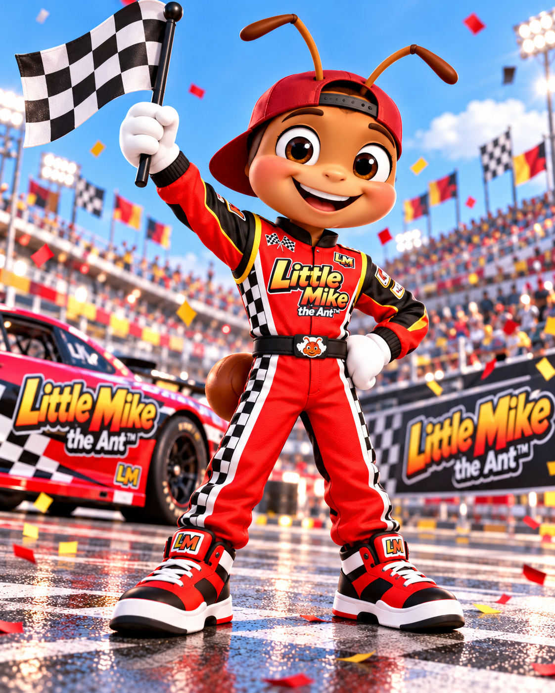 Little Mike waving a checkered flag after a race